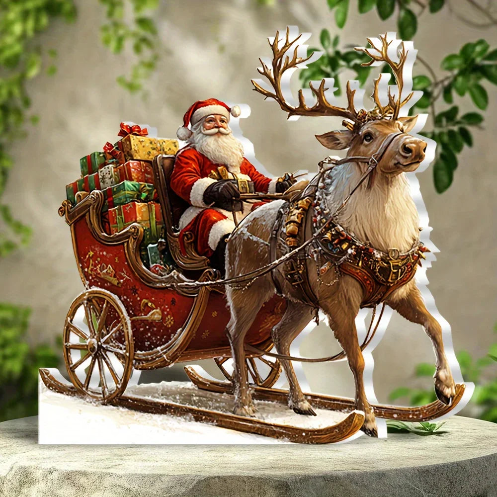 1x Weihnachts-Rentier Schlitten Santa Figur – 2D Acryl Deko für Weihnachten & Feiertage 2025