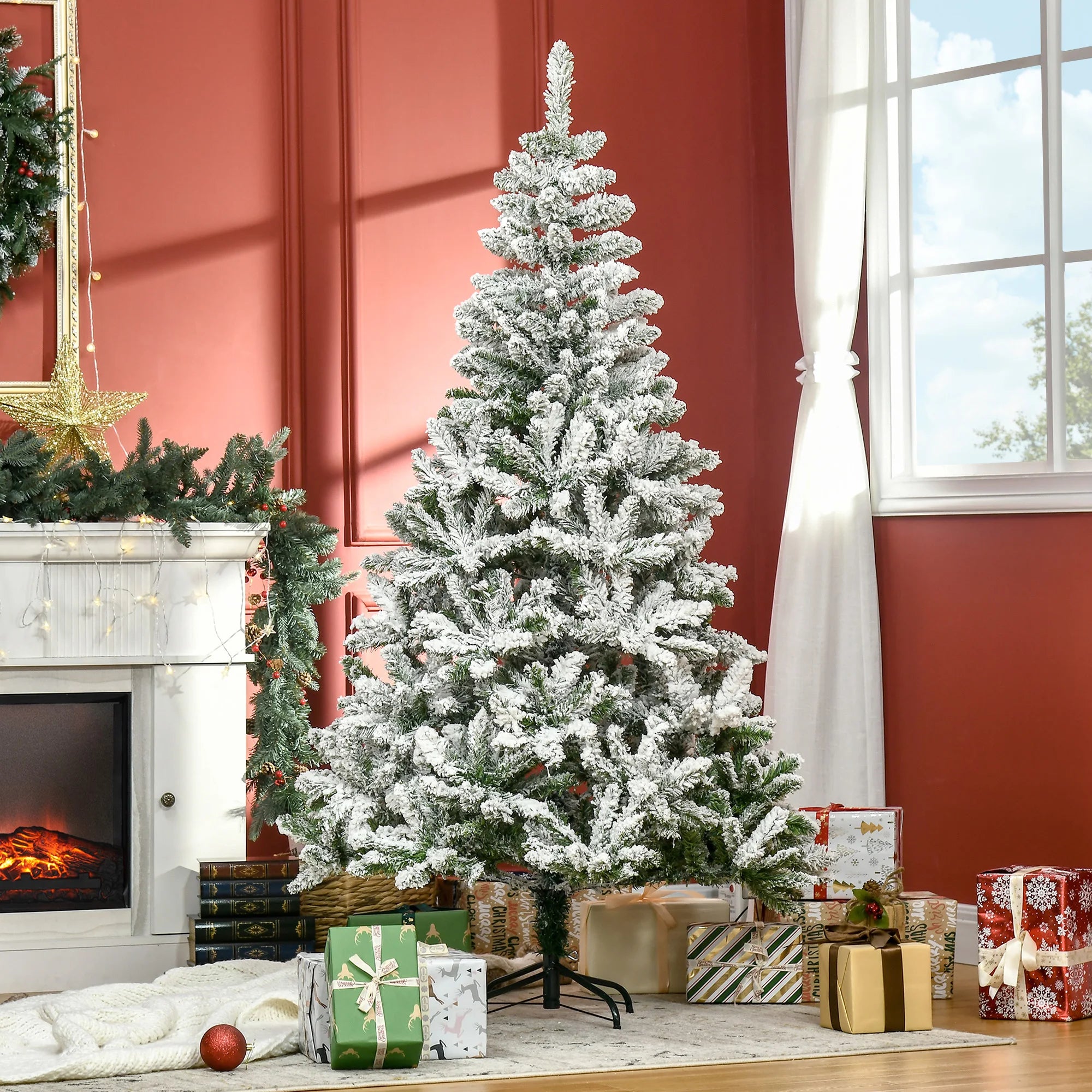 Künstlicher Weihnachtsbaum 180 cm – Grüner Baum mit 750 Zweigen & feuerfester Schneebeschichtung