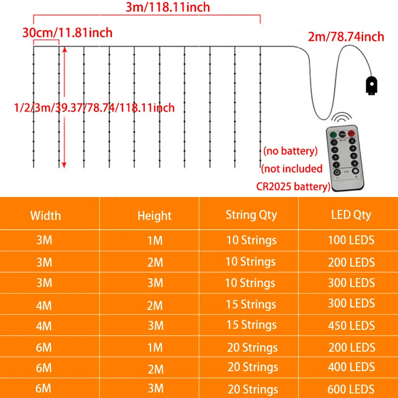 LED-Vorhanglichterkette – 6×3 m / 3×3 m mit Fernbedienung für Weihnachten & Neujahr